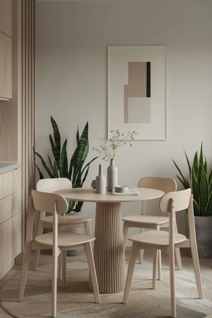 Small modern round dining table in a minimalist living space.