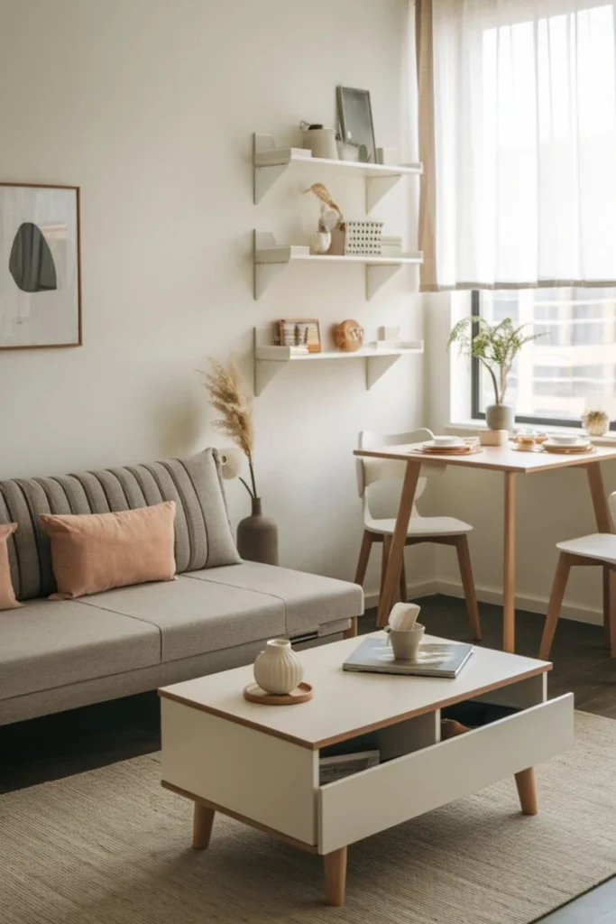 Multifunctional living room with dual-purpose furniture.