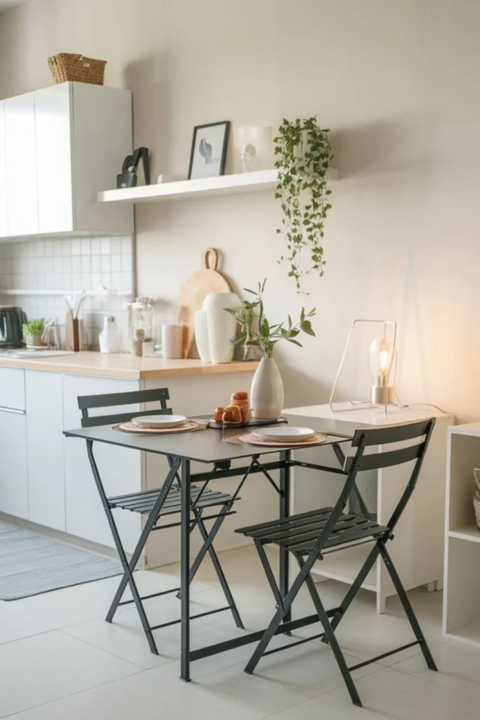 Foldable extendable table in a small kitchen/dining area.