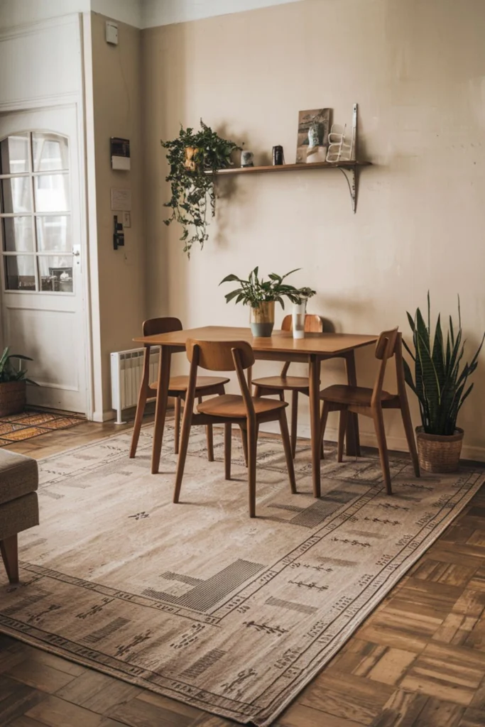 Living room with a rug defining the dining space.