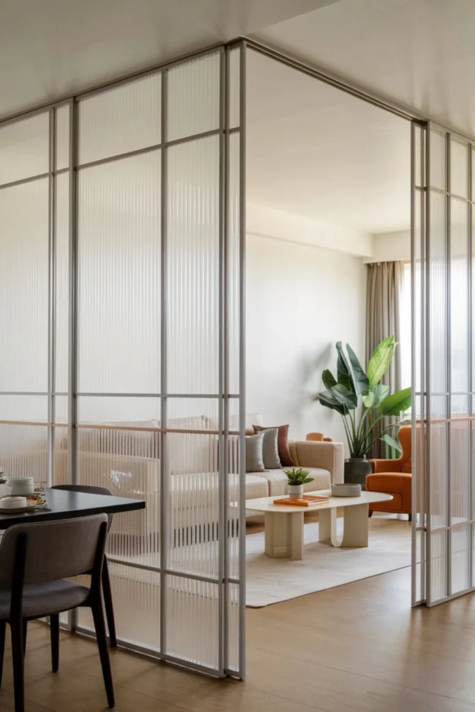 Slim partition separating living and dining spaces.