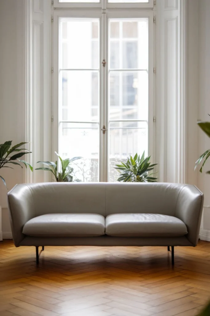 Slim-profile sofa in a minimalist living room.