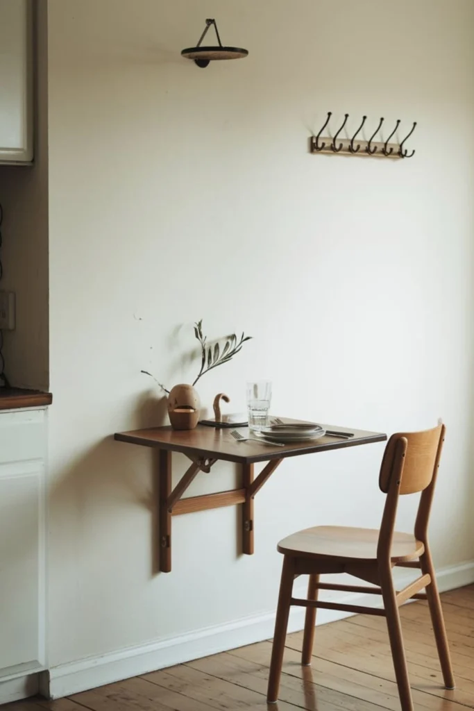 Wall-mounted dining table in a compact space.