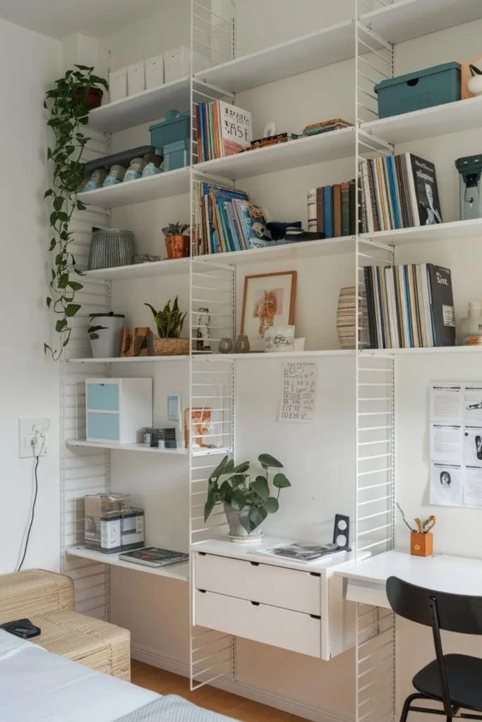 Vertical storage with tall shelves and floating shelves.