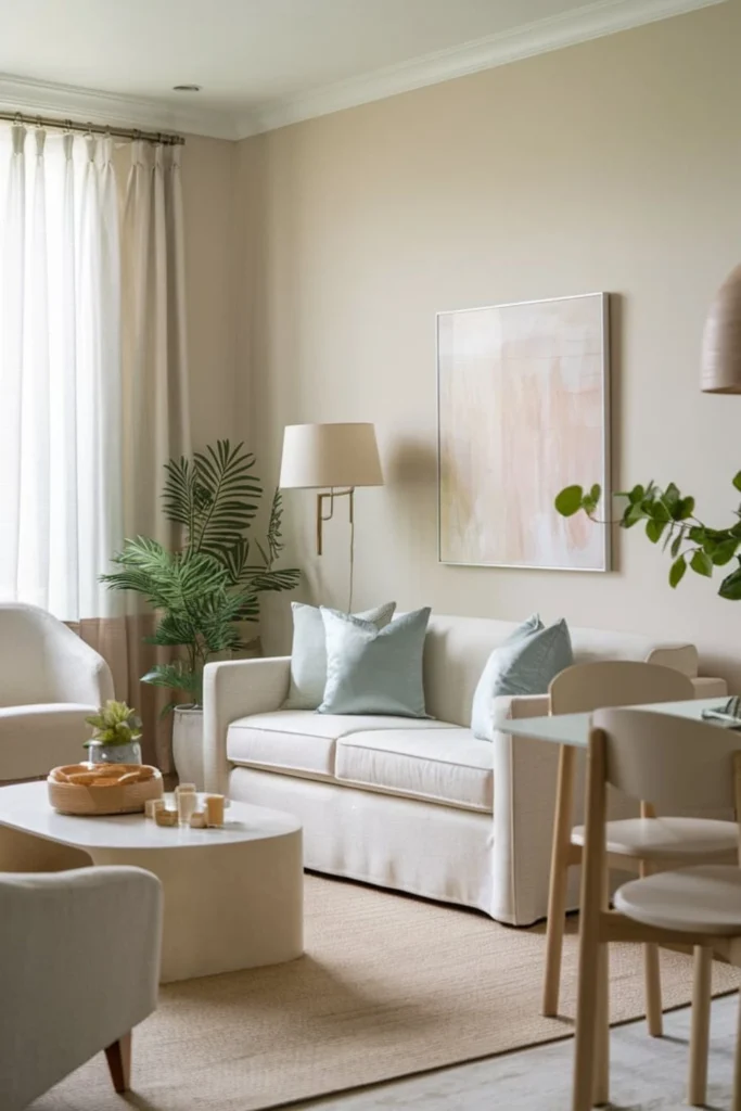 Multifunctional layout in a small living/dining room.