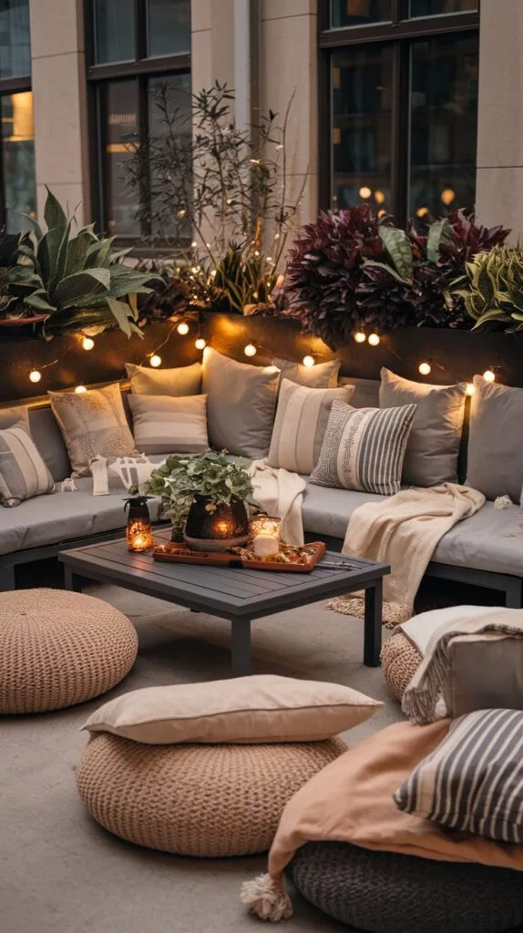  Cozy terrace lounge corner with cushions, throws, and string lights.