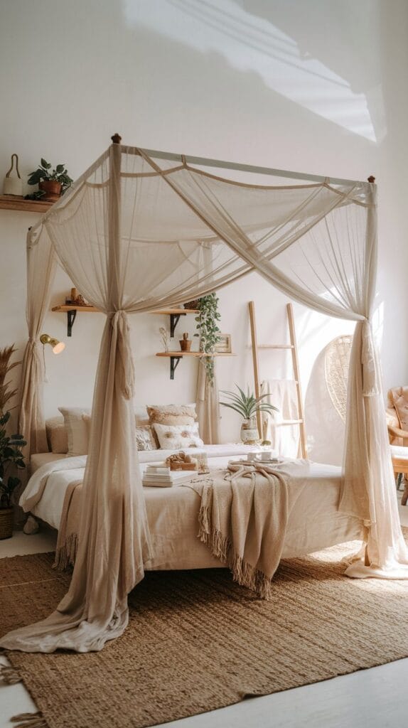  Boho bedroom with a romantic canopy bed draped in sheer fabric.