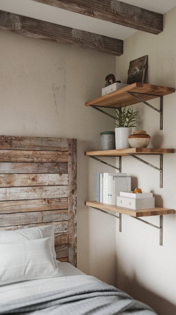 Rustic wood headboard and shelves in a farmhouse bedroom.