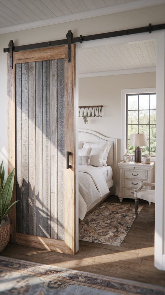 Sliding barn door in a rustic farmhouse bedroom.