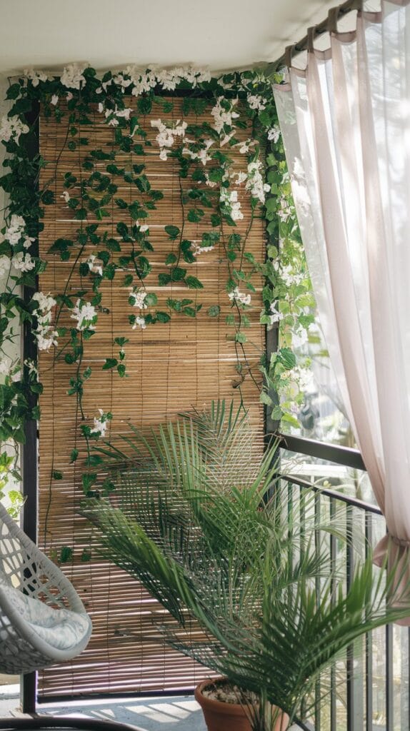 Balcony privacy screen with bamboo and climbing plants.