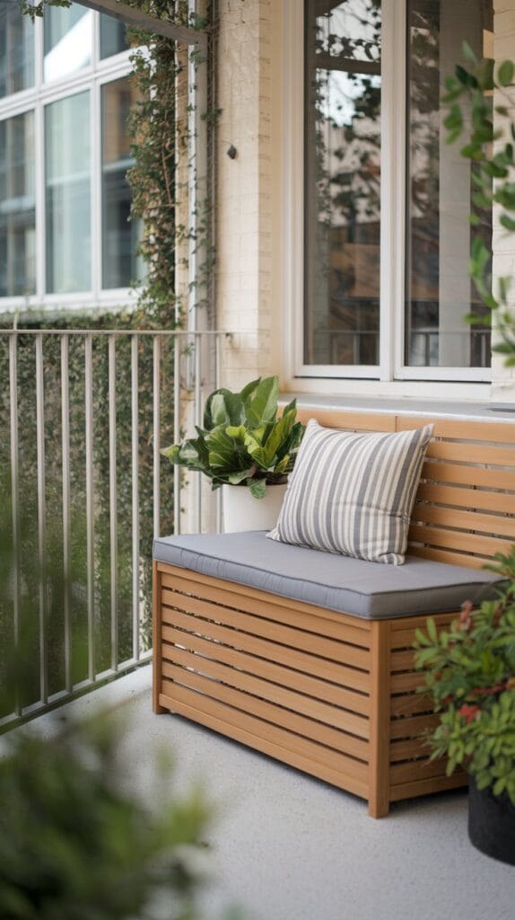 A balcony with a multi-functional storage bench, maximizing space and organization.