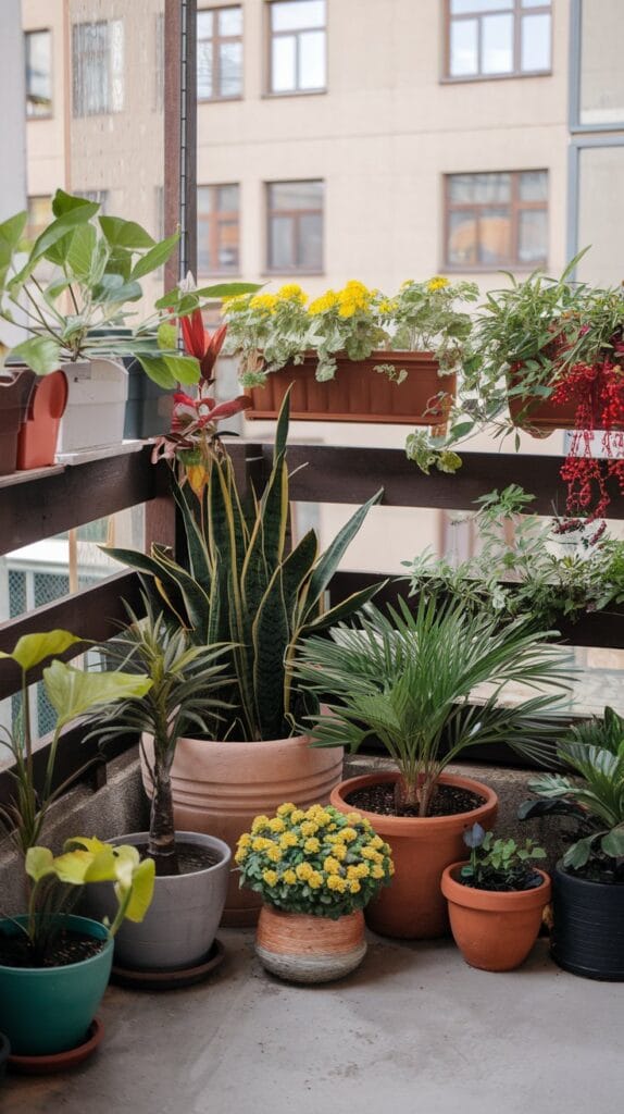 Potted plants in different sizes and shapes on a balcony.