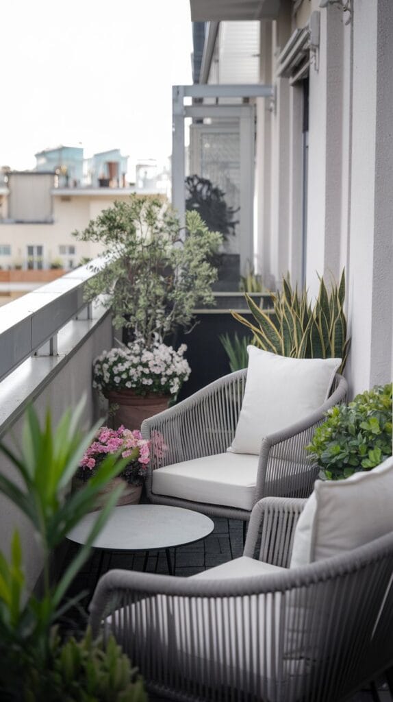 Monochrome balcony with pops of greenery.