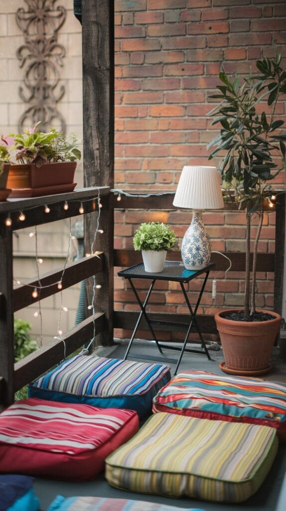 Colorful floor cushions on a balcony for additional seating.