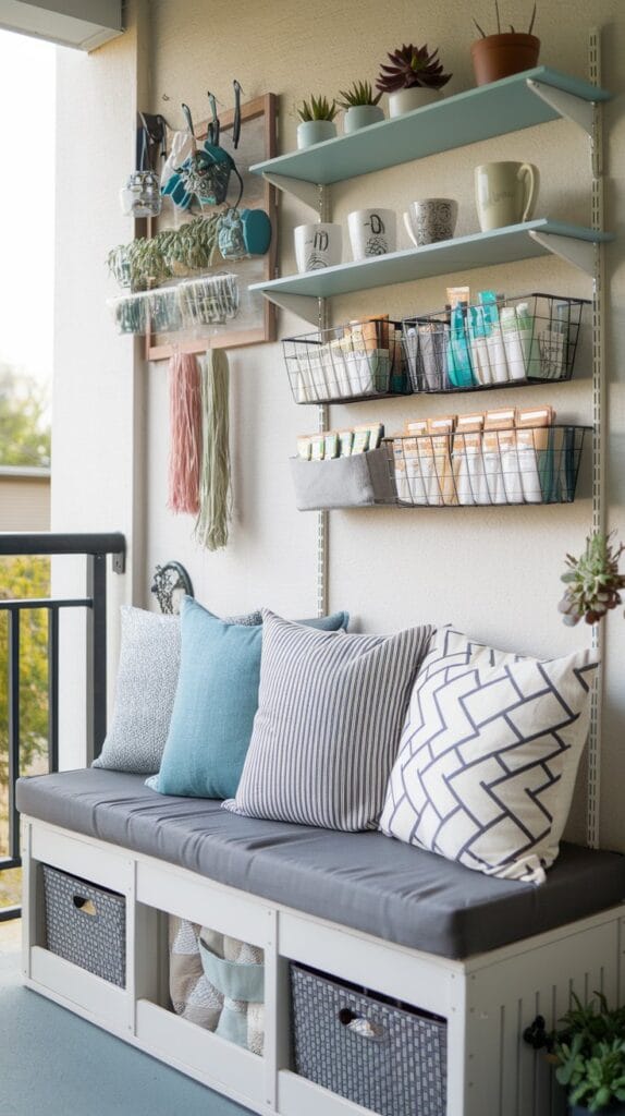 Multi-functional storage solutions for small balcony organization.