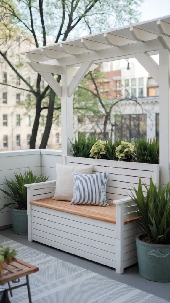 Storage-friendly bench on a small balcony.