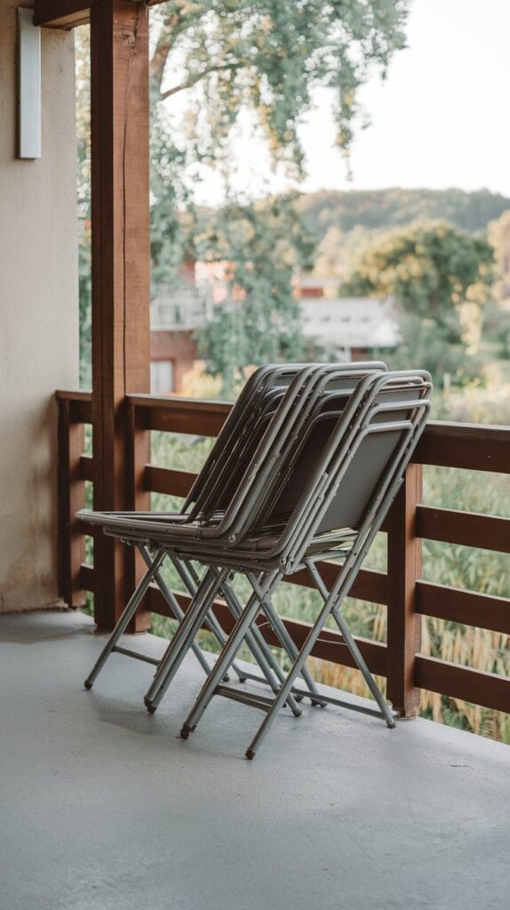 Foldable stackable seating on a small balcony.