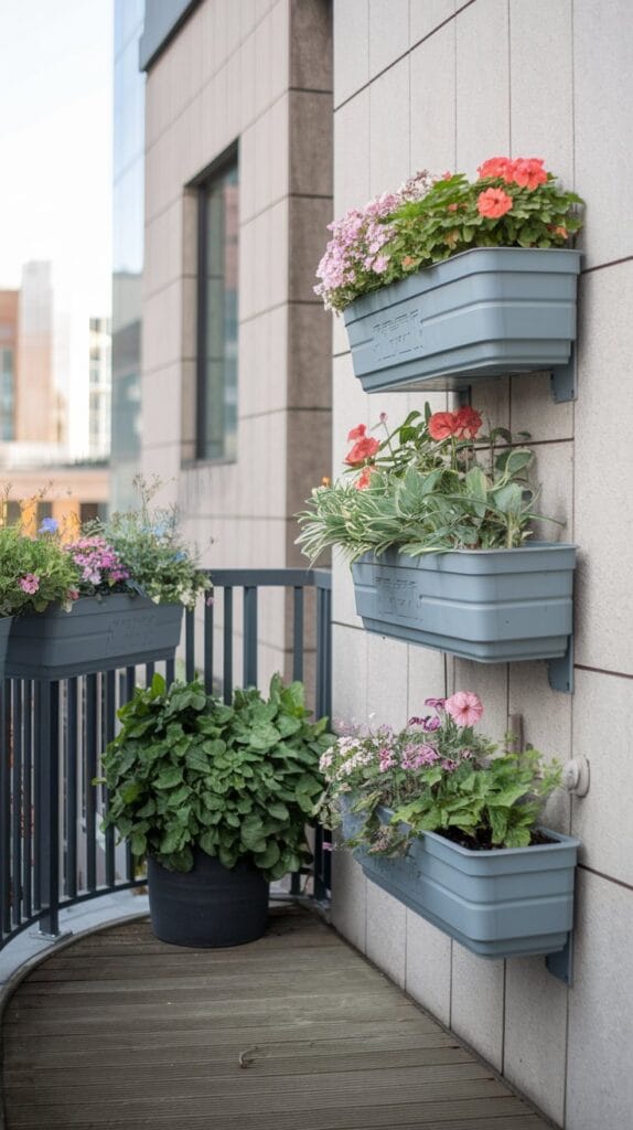 Wall-mounted planters on a small balcony.