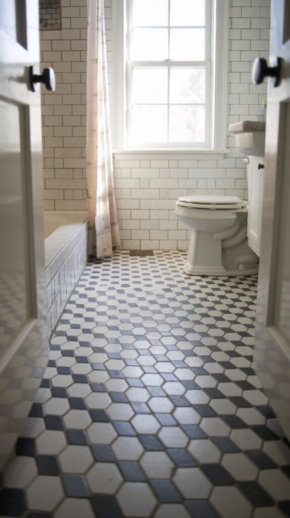 Hexagon floor tiles in a modern bathroom design.