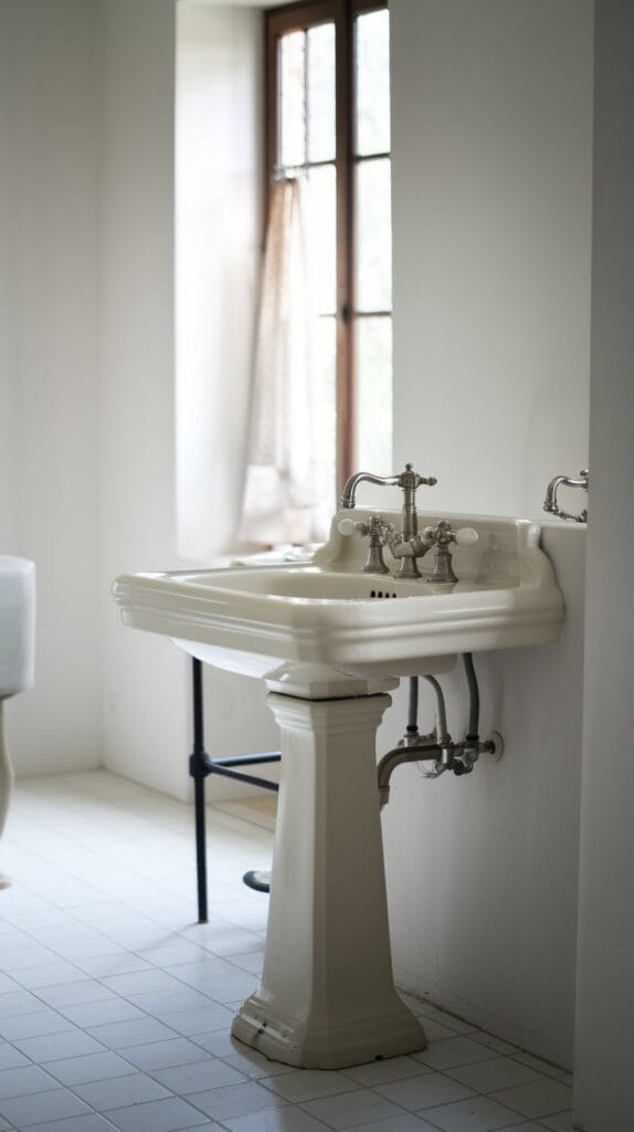 A classic pedestal sink with vintage-style faucets in a light, airy bathroom.