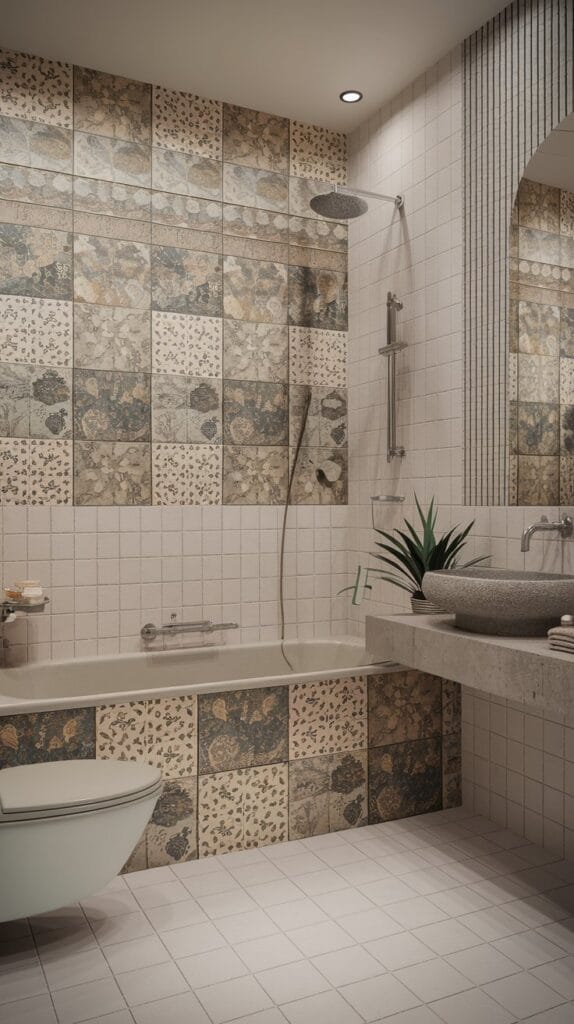 Mix-and-match vintage tiles with modern fixtures in a bathroom.