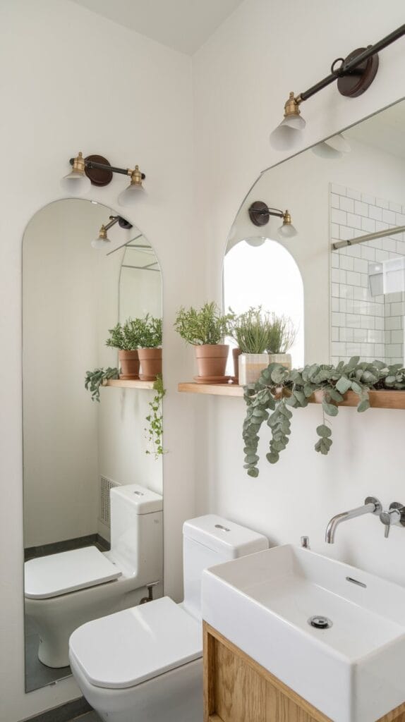 Bathroom with botanical touches, including potted plants and fresh herbs.