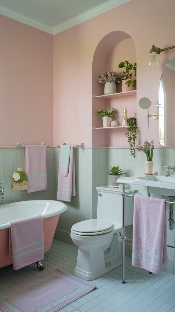 Bathroom with a soothing soft pastel palette in shades of pink, mint, and lavender.