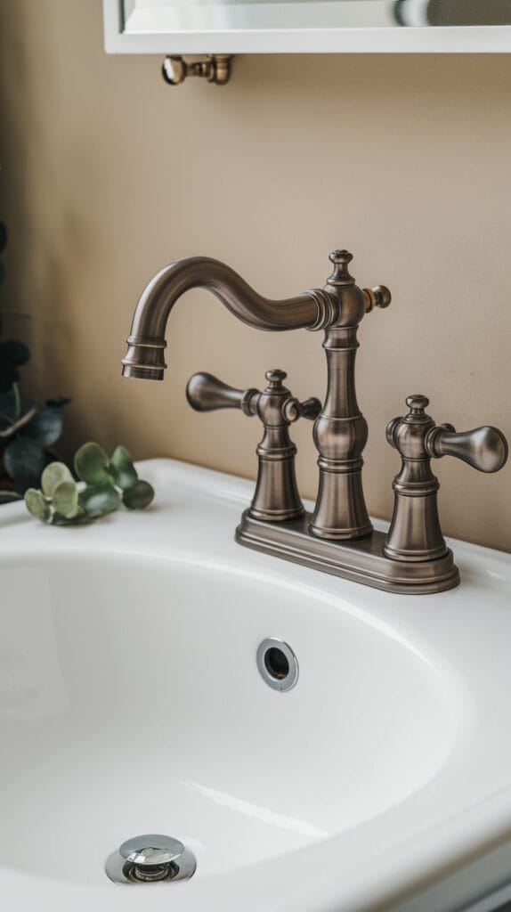 Vintage-inspired faucets in a modern bathroom.