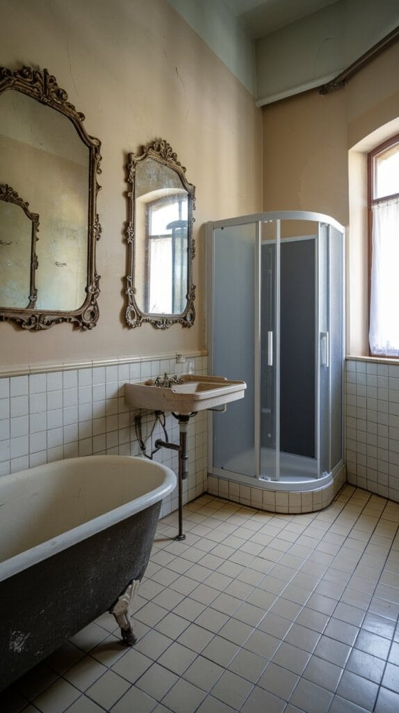 Antique mirrors with minimalist designs in a bathroom.