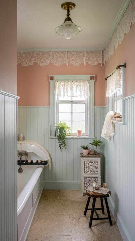 Bathroom with beadboard walls, painted in soft white, giving a cottage-inspired feel.