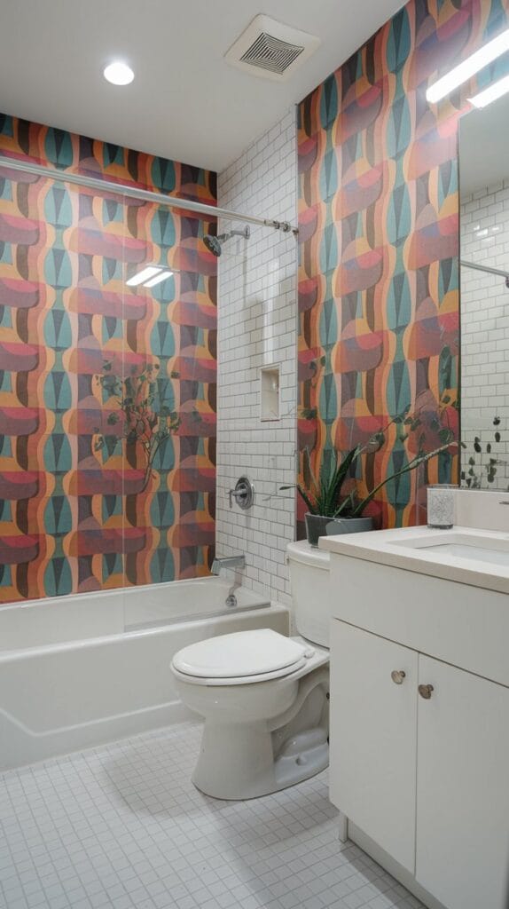 Bold, colorful retro wallpaper in a modern bathroom.