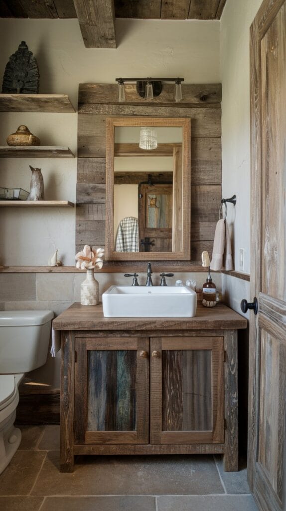 Bathroom with rustic wood accents, including a wooden vanity and shelves.