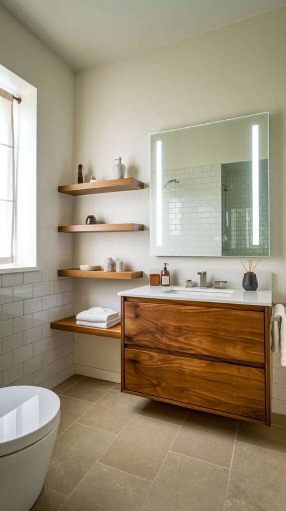 Wood accents in sleek, modern bathroom designs.