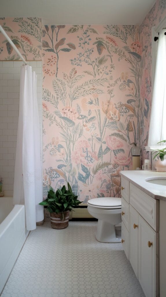 Bathroom with soft, floral wallpaper in pastel shades.