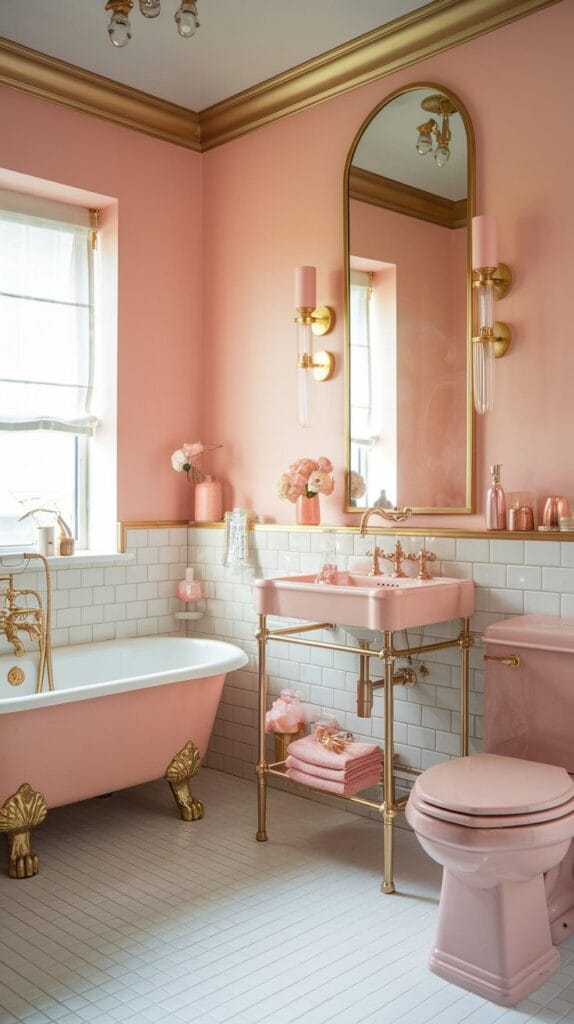 Bathroom with pastel walls and gold metallic accents.