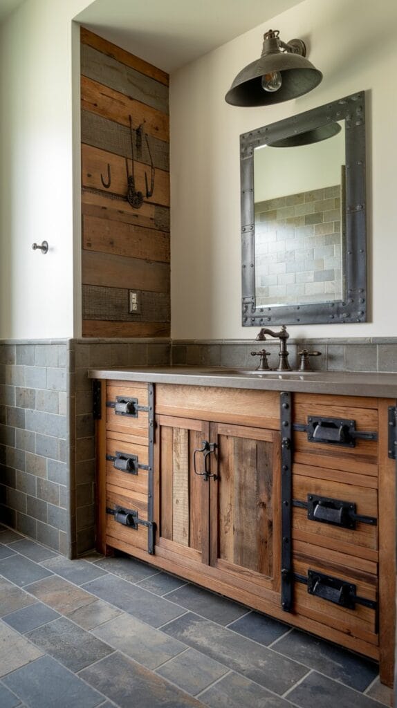 Wood and metal elements combined in a modern-industrial bathroom.