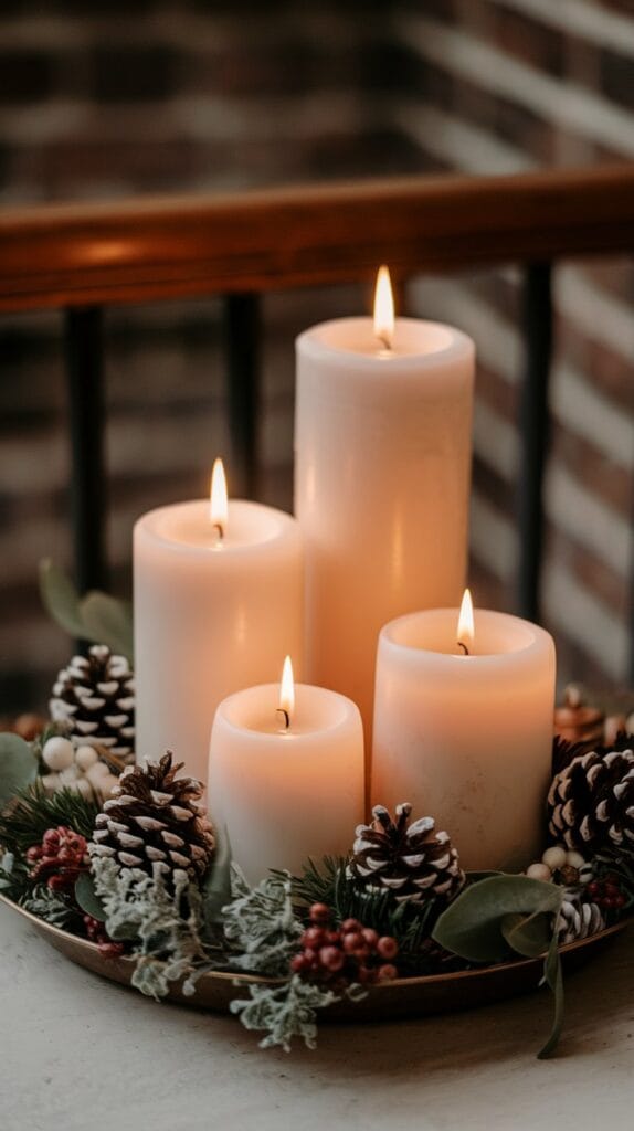 Candles in varying heights creating a cozy ambiance in a living room.