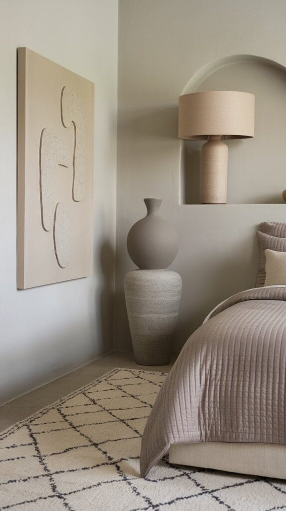 Neutral-toned artwork and décor in a bedroom