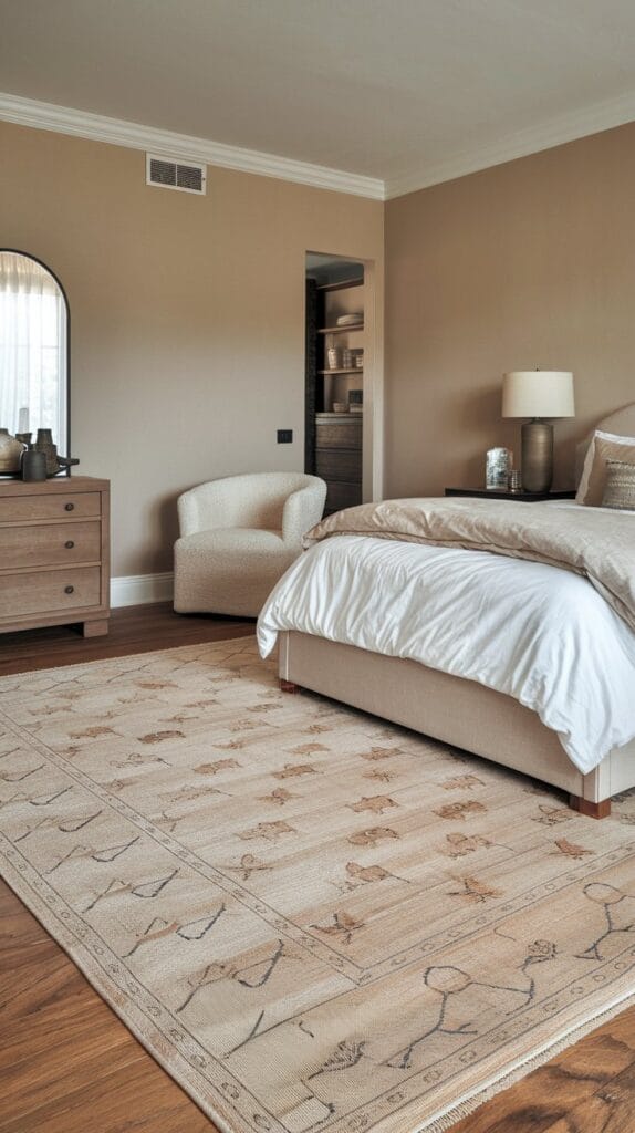 Subtle patterned rug in neutral bedroom
