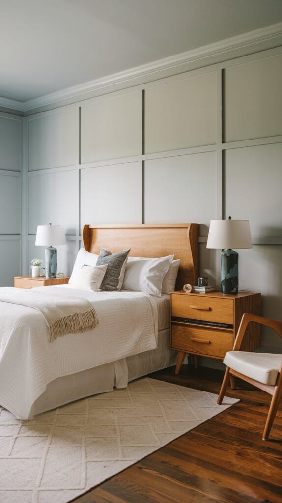 Light gray walls with wooden accents in bedroom
