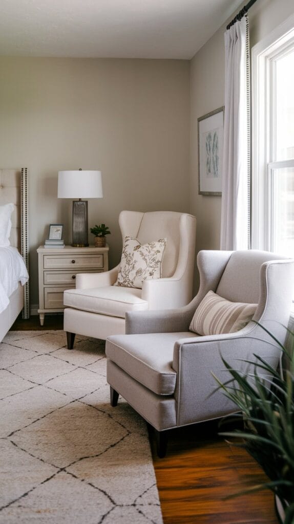 Neutral-toned accent chairs in bedroom