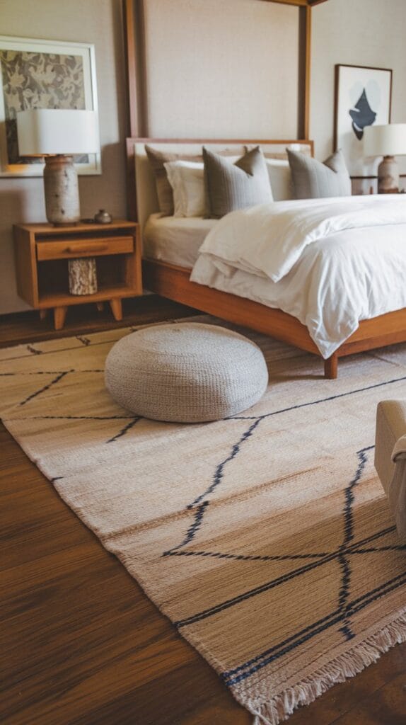 Wooden floors with soft rug in bedroom