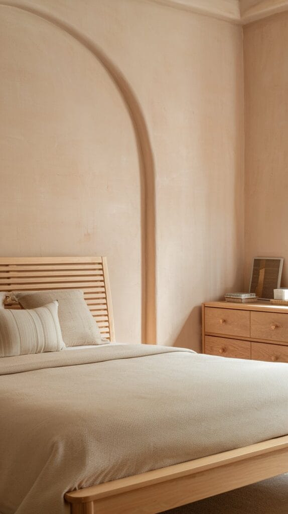 Neutral bedroom with soft beige walls and light wooden furniture