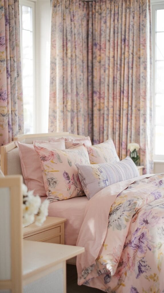 A serene bedroom decorated with soft pastel florals in pillows, bedding, and curtains.