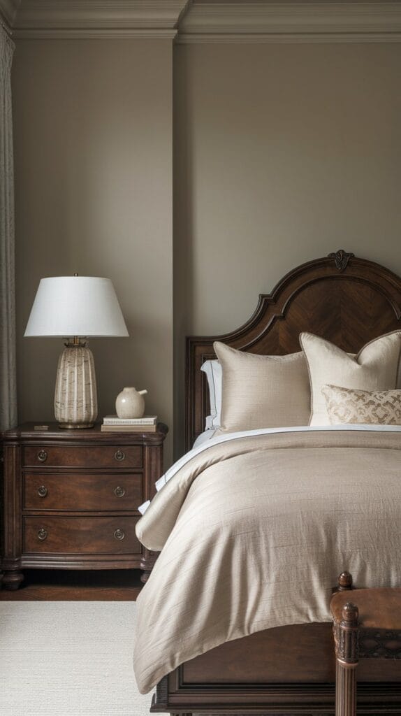 Soft taupe walls with dark wooden furniture in bedroom