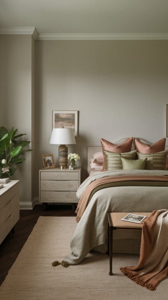 Earthy-toned pillows and throws in bedroom