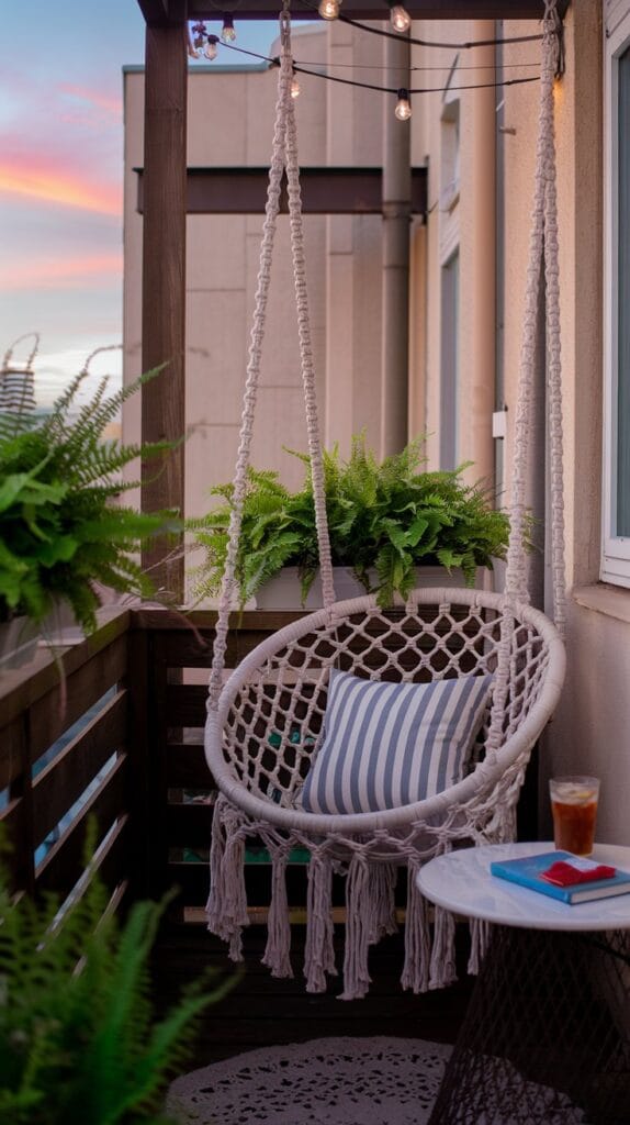 Hanging swing chair on a cozy small balcony for relaxation.
