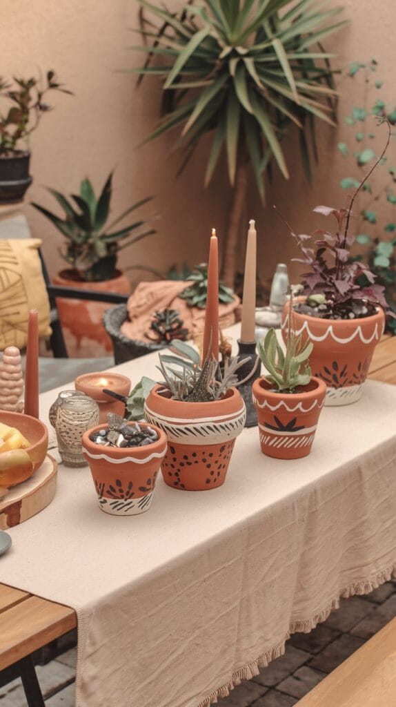 DIY terracotta pots painted with earthy designs on a boho patio.