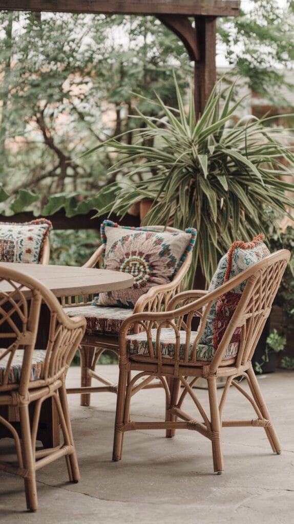 Rattan chairs with cushions in a cozy bohemian patio setting.