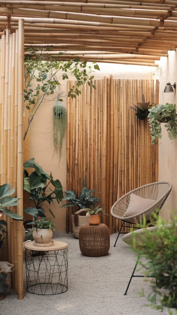 Bamboo screens offering privacy and a natural aesthetic to a boho patio.